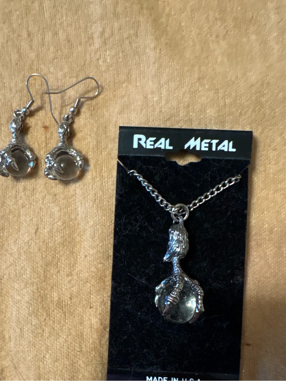 Silver Dragon Claw Necklace and Earrings Set